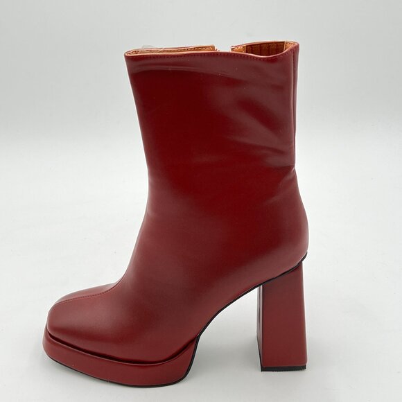 Red Women Platform Ankle Boots Square Toe Chunky High Heel Side